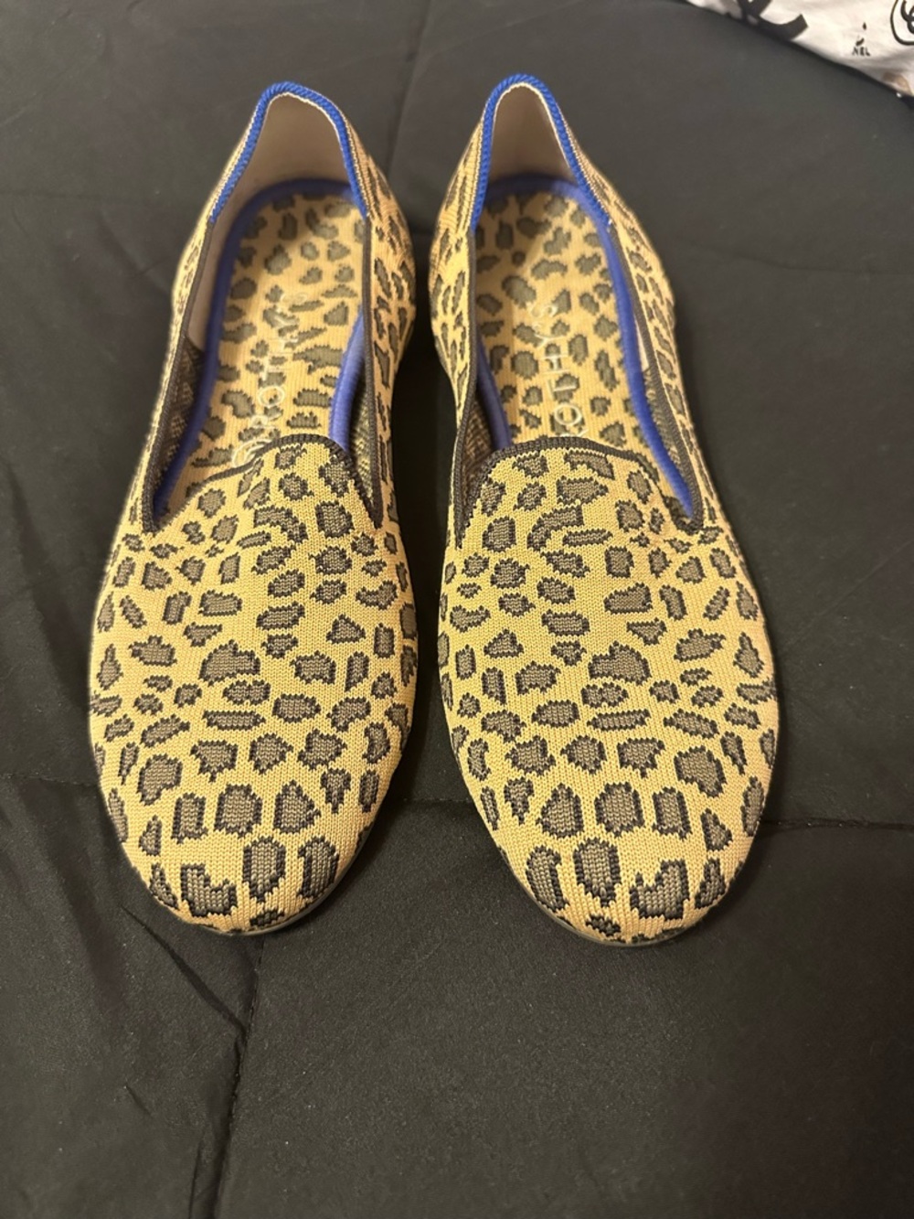 Rothy's Leopard-Print Slip-On Flats in Tan and Black with Blue Trim